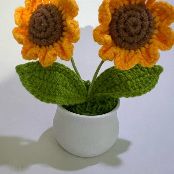 Two mini crocheted sunflowers in plastic pot. - Picture 2 of 10